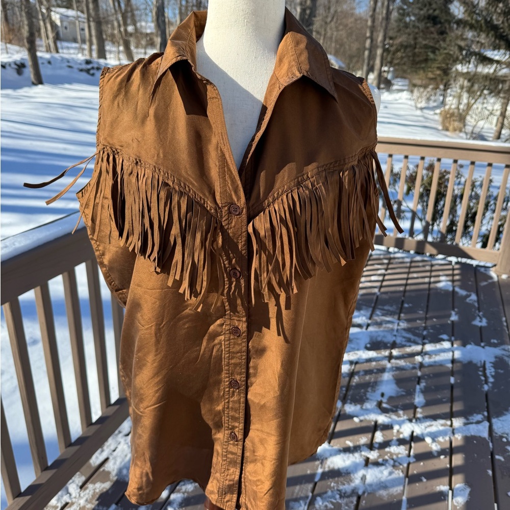 BB Dakota Caramel tan Brown Fringe silk Top country